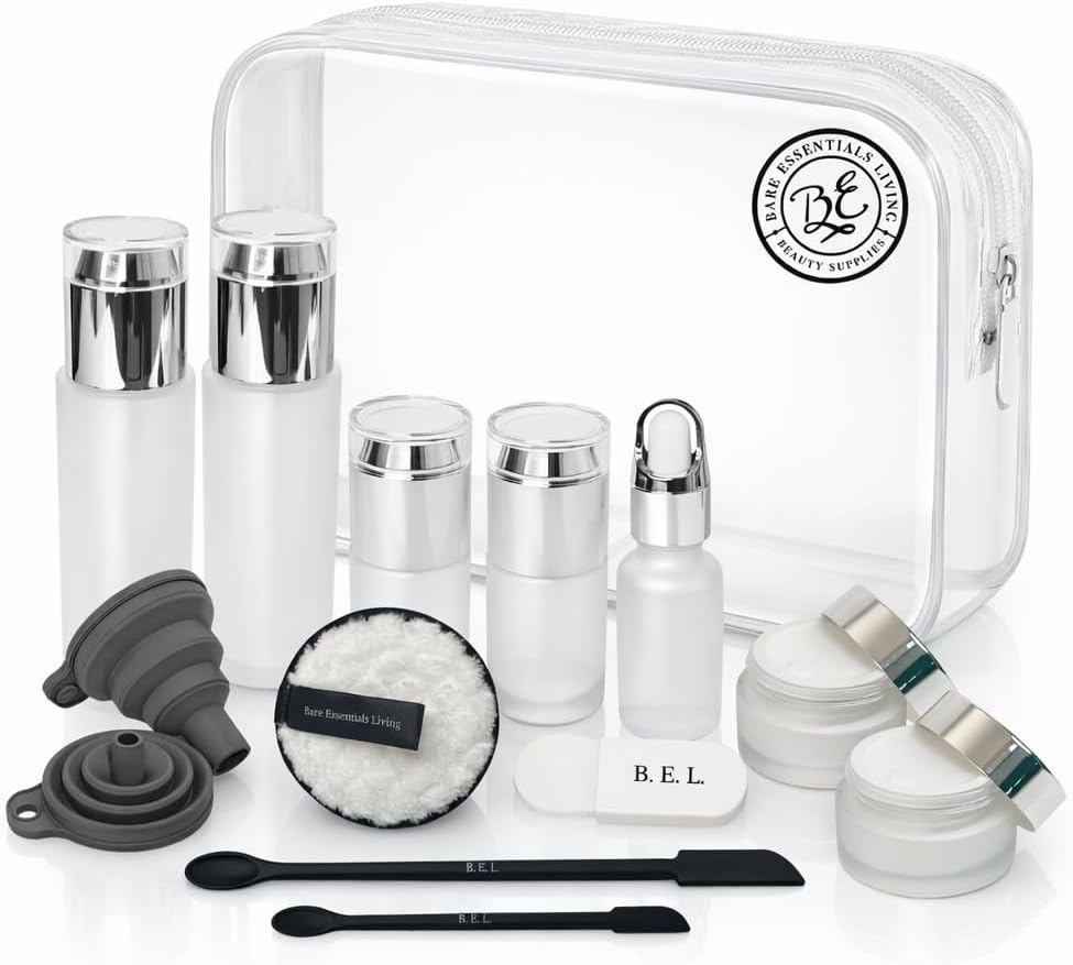 14 Pcs Glass Travel Skincare Containers Set-TSA Approved Toiletry Bag & Glass Travel Bottles for Toiletries Pump, Spray & Dropper Bottles Travel Size for Foundation, Serum Moisturizer Oil & Cream