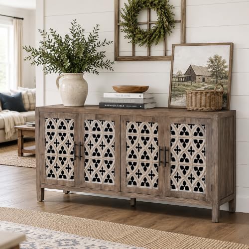 Image of Farmhouse Buffet Sideboard Cabinet, Vintage Carved Wood Storage Cabinet with Doors for Dining Room, Living Room & Entryway, Antique Brown
