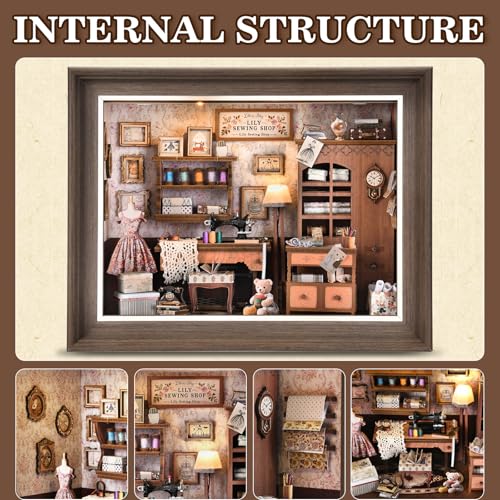 Book Nook Kit - 3D Wooden Puzzle with LED Switch Control & Wall-Mountable Frame,DIY Miniature House for Beginners,Bookshelf/Tabletop/Wall Decor for Craft Lovers,Dollhouse Gift (Lily Sewing Shop) - image 4