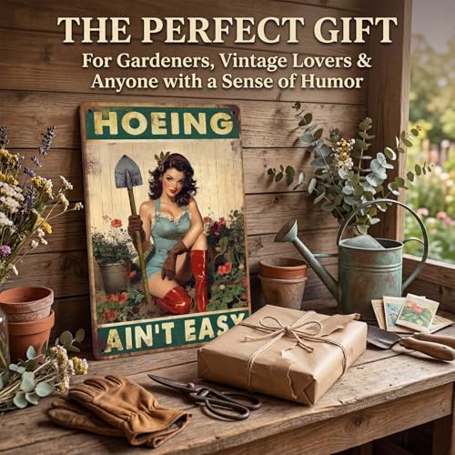 PEACHGARDEN Garden Signs Yard Art Decor Hoeing Ain\'t Easy Funny Garden Metal Signs for Outside Patio Backyard Greenhouse 8x12 Inch