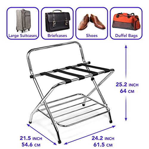 Ustech 2 Tier X-Shape Folding Luggage Rack With High Back | Durable Metal Stand & Heavy-Duty Nylon Straps For Guest Room Storage & Suitcase Holder | Perfect For Bedroom & Closet #TOP2