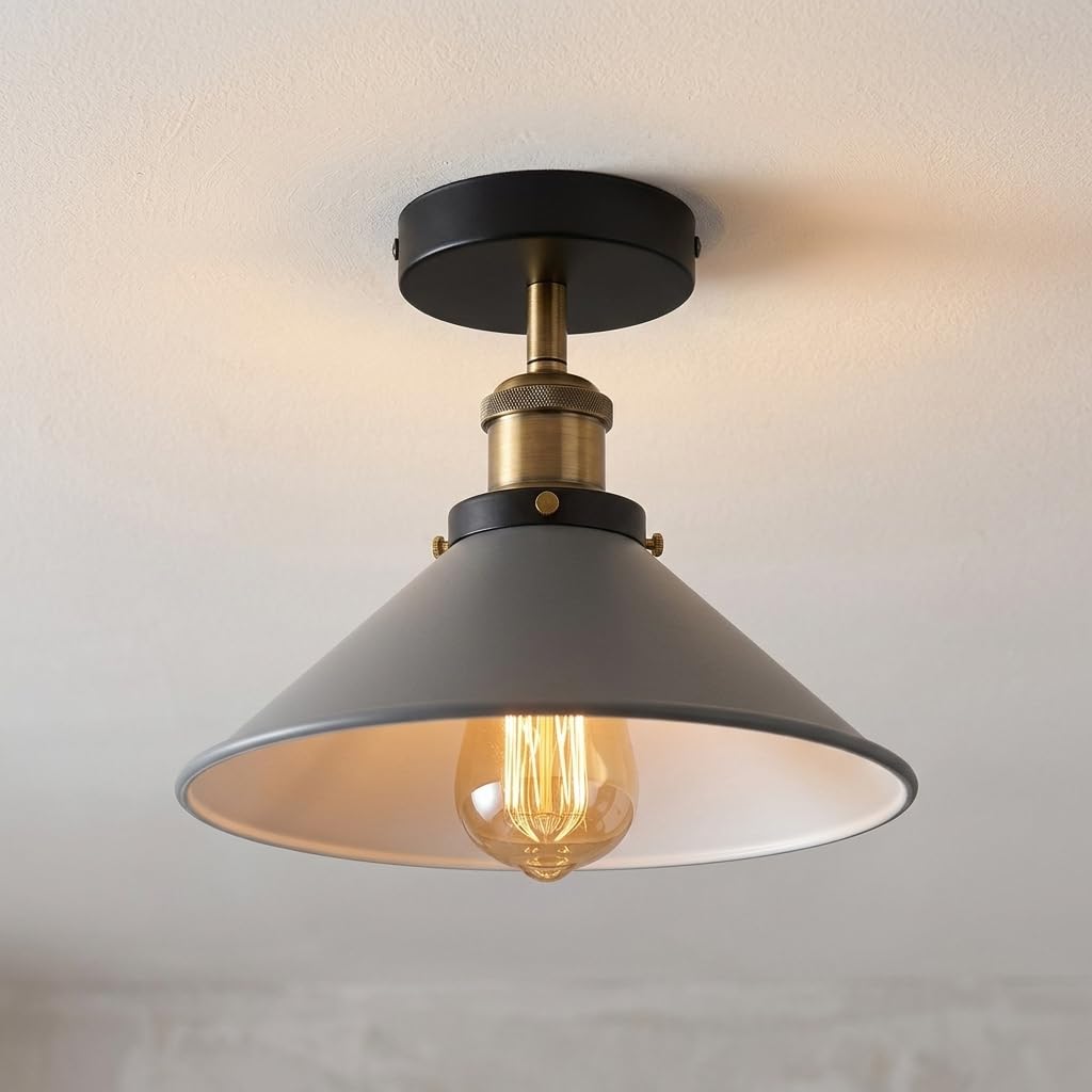 LEDSone Vintage Semi Flush Ceiling Light 22cm Grey Cone Shade Metal E27 Base Farmhouse Light Fixture for Bedroom, Living Room, Kitchen, Hallway with Bulb