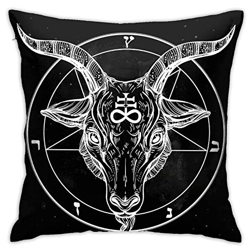Pentagram With Demon Baphomet Satanic Goat Head Binary Symbol Tattoo Retro Music Summer For Biker Black Throw Pillow Cover Case For Couch Sofa Home Bedroom Car Decoration Indoor/Outdoor 18X18 Inches #TOP12