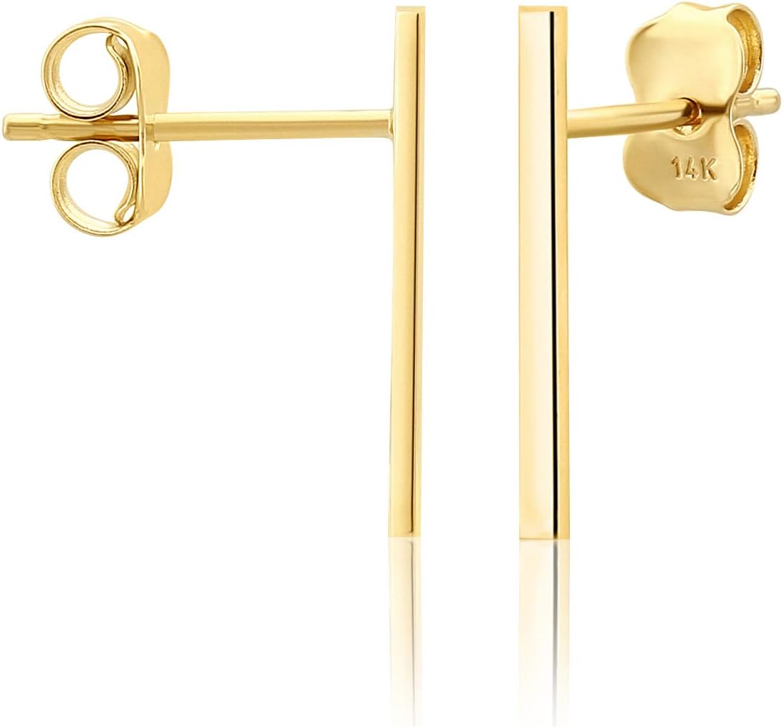 Minimalist 14k Gold Polished Stud Bar Line Stick Earrings, (15mm X 1.3mm)