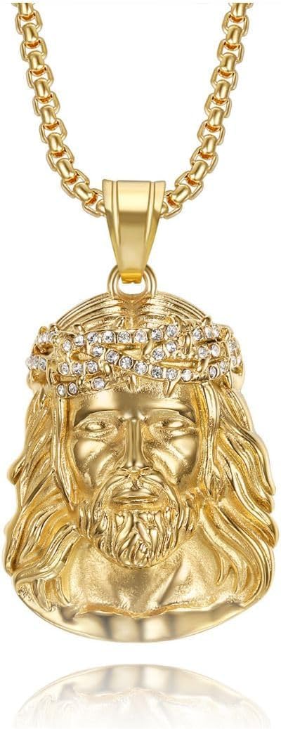 Collar Cristo. Cara de Jesús con Cristales Brillantes, Acero Inoxidable Bañado en Oro 18K, Cadena de 60 cm, Joyería Religiosa. Regalo para Él y Ella. Hecha a Mano