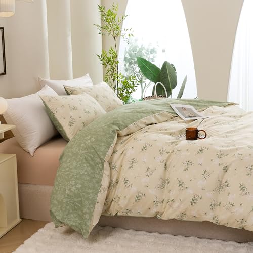 ECOCOTT Duvet Cover King Size - Reversible Green Floral Duvet Cover Set, Ultra Soft & Breathable Comforter Cover with Zipper Closure 4 Ties Bedding Set for Girls and Women
