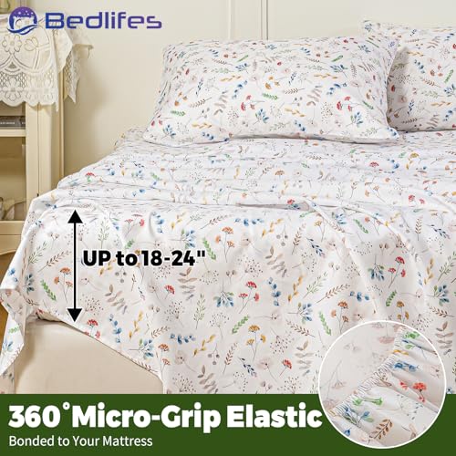 Image of Bedlifes Extra Deep Pocket 18-24 inch Queen 4-Piece Sheet Set - Cooling Sheets Blend Rayon Derived from Bamboo Soft & Breathable Floral Design