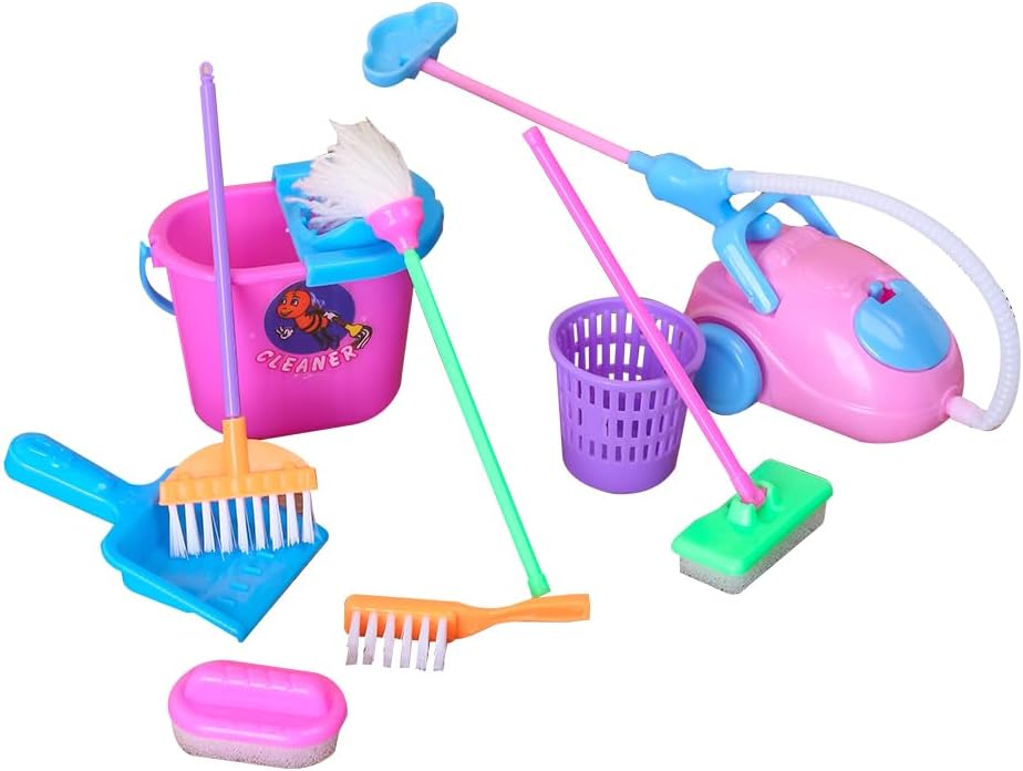 E-TING Miniature Mop Dust Pan, Brush, Broom, Plastic Bucket Doll Housework Cleaning Supplies Tools Set Dollhouse Furniture Decoration Accessories for 7-11.5 inch Dolls Accessories, Multicolored