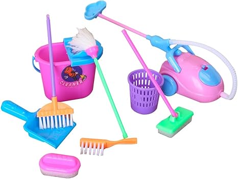 E-TING Miniature Mop Dust Pan, Brush, Broom, Plastic Bucket Doll Housework Cleaning Supplies Tools Set Dollhouse Furniture Decoration Accessories for 7-11.5 inch Dolls Accessories, Multicolored