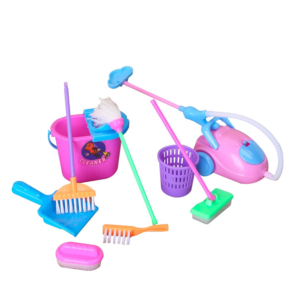 Miniature Mop Dust Pan, Brush, Broom, Plastic Bucket Doll Housework Cleaning Supplies Tools Set Dollhouse Furniture Decoration Accessories for 7-11.5 inch Dolls Accessories, Multicolored