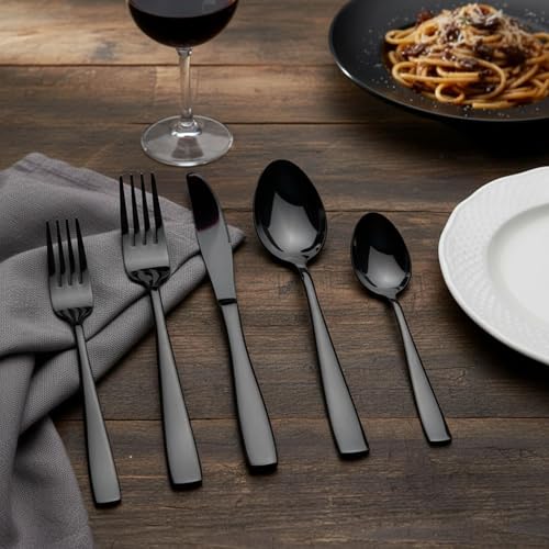 Image of 15 Pcs Black Cutlery Set for Dining Table the Perfect Mirror Polish Hevy Duty Tableware Including Dinner Spoon, Dinner Fork, Dinner Knife, Dessert Spoon & Dessert Fork