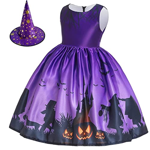 YESJmn Halloween Kinder Kleid Rock Kürbis Laterne Lila Elf Cartoon Print Kleidung Cosplay (Color : Purple, Größe : 150) Cover