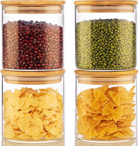 Image of 650ML Glass Food Storage Jars Containers, Set of 4 Storage Jar with Airtight Bamboo Lids Kitchen Glass Canisters For Coffee, Flour, Sugar, Candy, Cookie, Spice (Round 650 ML, Set of 4)
