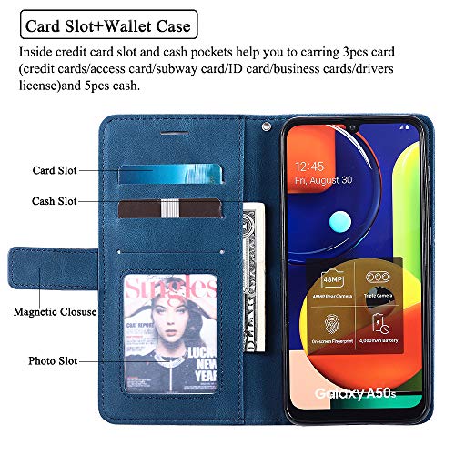 Compatible with Samsung Galaxy A50 A50S A30S Wallet Case and Tempered Glass Screen Protector Flip Cover Card Holder Stand Cell Phone Cases for Glaxay A 50 50S 30S Gaxaly S50 50A SM A505G Women Blue