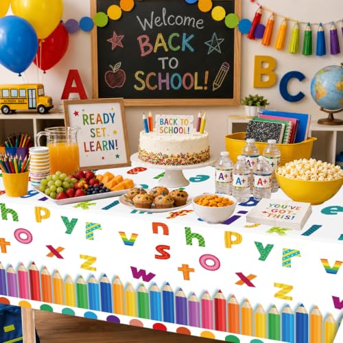 Image of 2 Pack Alphabet Party Tablecloth, 54 x 108 Inch Disposable ABC Plastic Table Cover Educational Themed Table Cloth for Back to School First Day of School Pre K Grad Party Supplies Teacher Decorations