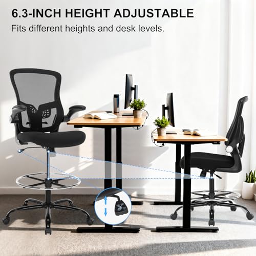 Image of Drafting Chair, Ergonomic Tall Office Chair with Lumbar Support Standing Desk Stool with Flip-up Armrests Comfy High Office Desk Chair with Adjustable Foot Ring for Counter Height Desk, Black