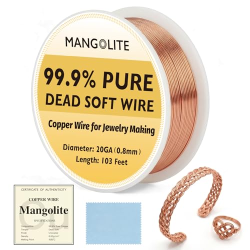 Mangolite 20 Gauge/0.8mm Copper Wire for Jewelry Making 103 Feet Single Spool with Polishing Cloth & COA 99.9% Pure Dead Soft Bare & Skin Safe Uncoated Craft Wire for Jewelry Setting & Bracelet