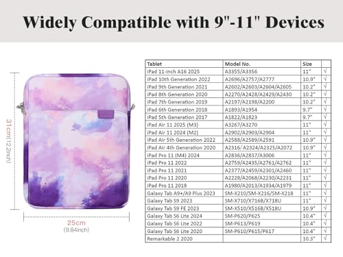 Image of TiMOVO 9-11 inch Tablet Sleeve Bag Carrying Case with Strap, Watercolor Purple | Fits iPad A16 11 inch, Pad Air 11 /5th & 4th 10.9 inch, 10th Gen /10.2 inch, Galaxy Tab A11 Plus, Multi-Pocket, Handle, Padded Protection