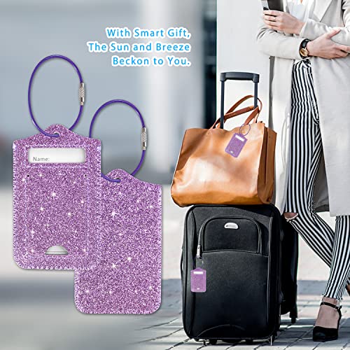 Acdream Luggage Tags 2 Pack, Leather Suitcase Tags Identifiers, Cute Cruise Id Labels With Privacy Cover Fits On Backpack, Travel Bag, For Women, Men, Adults, Kids, Glitter Purple #TOP5
