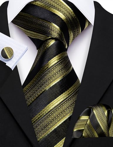Image of Barry.Wang Man Stripe Ties Set Silk Woven Pocket Square Necktie Cufflinks Formal Party Business