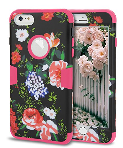 TOPSKY Compatible with iPhone 6S Plus Case,iPhone 6 Plus Case, Three Layers Rugged Armor Shockproof Soft Silicone Anti-Scratch Hard PC Protective Case for iPhone 6 Plus/6s Plus,Flower 2 Hot Pink