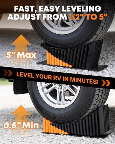 Image of Kohree RV Leveling Blocks, Levels Up to 5 inch, Supports Up to 50,000 lbs | 2 Curved Camper Levelers, 2 Wheel Chocks, 2 Rubber Mats, 1 Carry Bag, for Travel Trailers & Fifth Wheels, Orange
