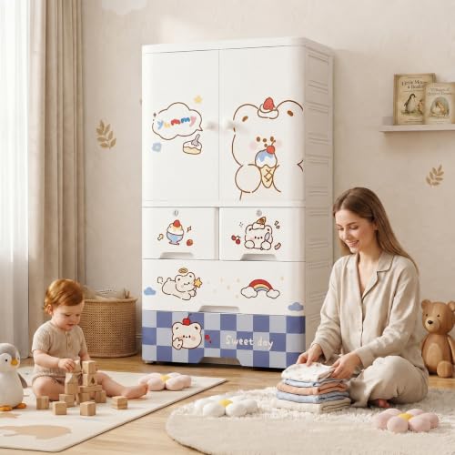 Image of StarAndDaisy Kids Wardrobe /Multifunctional Collapsible Plastic Wardrobe /Almirah for Kids- Storage Cabinet - Dustproof Baby /Wardrobe Organizer for Clothes, Toys -Cake Bear