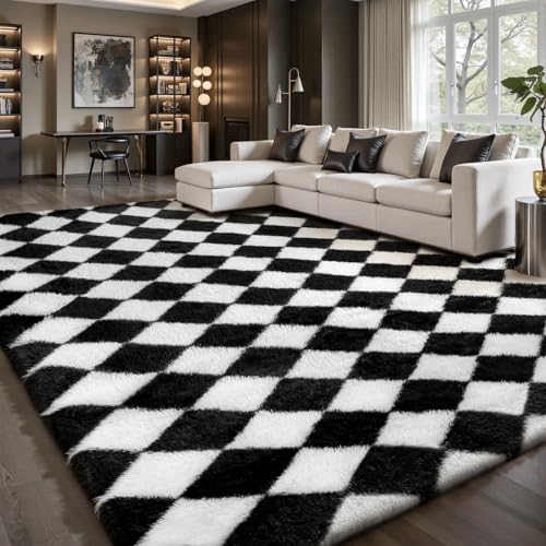 Sour Lemon Tapis à poils longs à carreaux, tapis pour salon, antidérapant, lavable, extra grand, moelleux, tapis à poils longs pour chambre à coucher et...