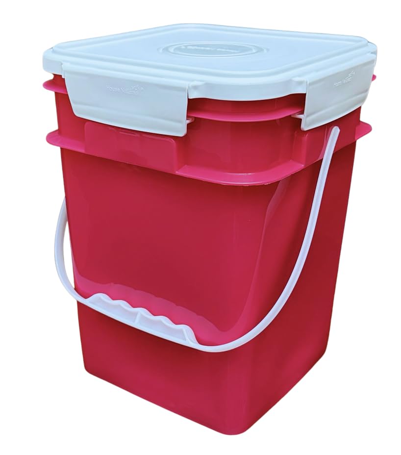 Image of House Naturals 4 Gallon Square Food Grade Bucket Pail with Plastic Handles and Lid (Pack of 3) Made in USA containers (Magenta - White lids)