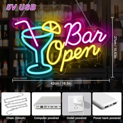 Image of Bar Open Neon Sign, 16.5 inchX 10.6 inch Dimmable Bar Open Signs for Business with ON /OFF Switch, Powered by USB LED Light Up Sign for Home Man Cave Club Party Gift