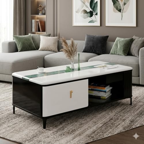 Image of Royaloak Sonet Marble Center Table | Metal Legs | High Gloss Reflective Finish | Italian Art Marble Table | Telescopic Channel | Drawer Storage | Bottom Shelf | Marble Top Centre Table