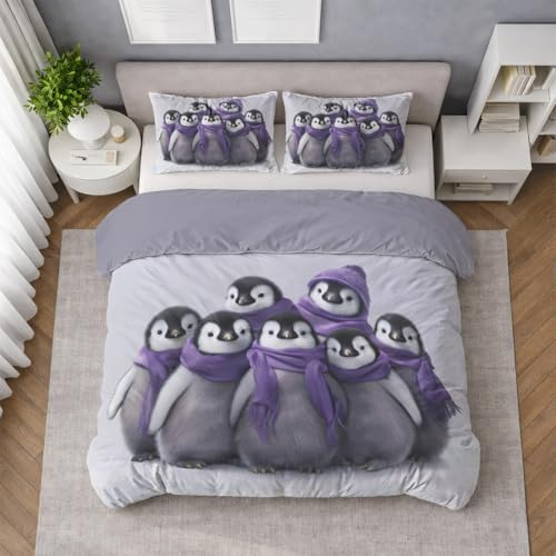 Juego de Funda Nórdica (C), Animal Pingüino Bufanda, Plata Suave Funda Nórdica, Ropa de Cama, en Microfibra Suave, Fácil de Cuidar, Lavable a Máquina, Ligera, Antiarrugas