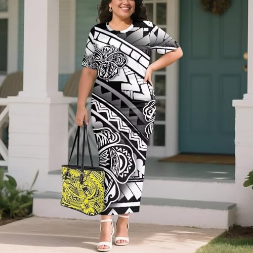 Image of Puletasi Samoan Traditional 2 Piece Outfits for Women Short Sleeve Crop Top and Maxi Skirt Sets Puletasi Dress
