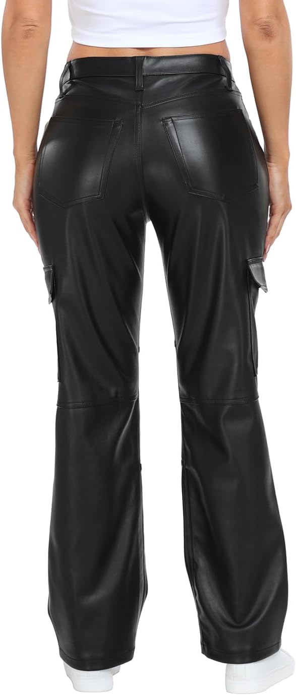 HDE Women's Faux Leather Cargo Pants with Pockets High Waisted Y2K Relaxed Pant - Image 5