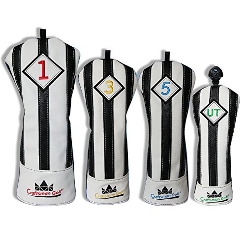 Artesano Golf negro con blanco rayas serie para cabeza de palo de golf driver madera Ut híbrida funda, 4pcs (#1,#3,#5,UT Cover) Cover