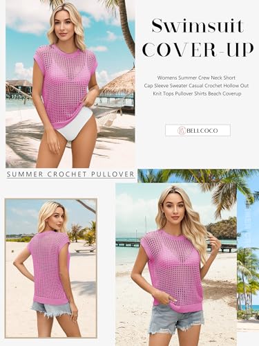 Image of Womens Summer Crochet Tops Hollow Out Cap Sleeve Cover Up Tank Top Pullover Sweater Vest Beach Vacation Clothes