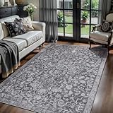 Ciicool 3x5 Washable Grey Rug Boho Floral Non-Slip Bedroom Rugs for Entryway Throw Rug Soft Low-Pile Indoor Floor Carpet for Living Room Laundry Foyer Decor