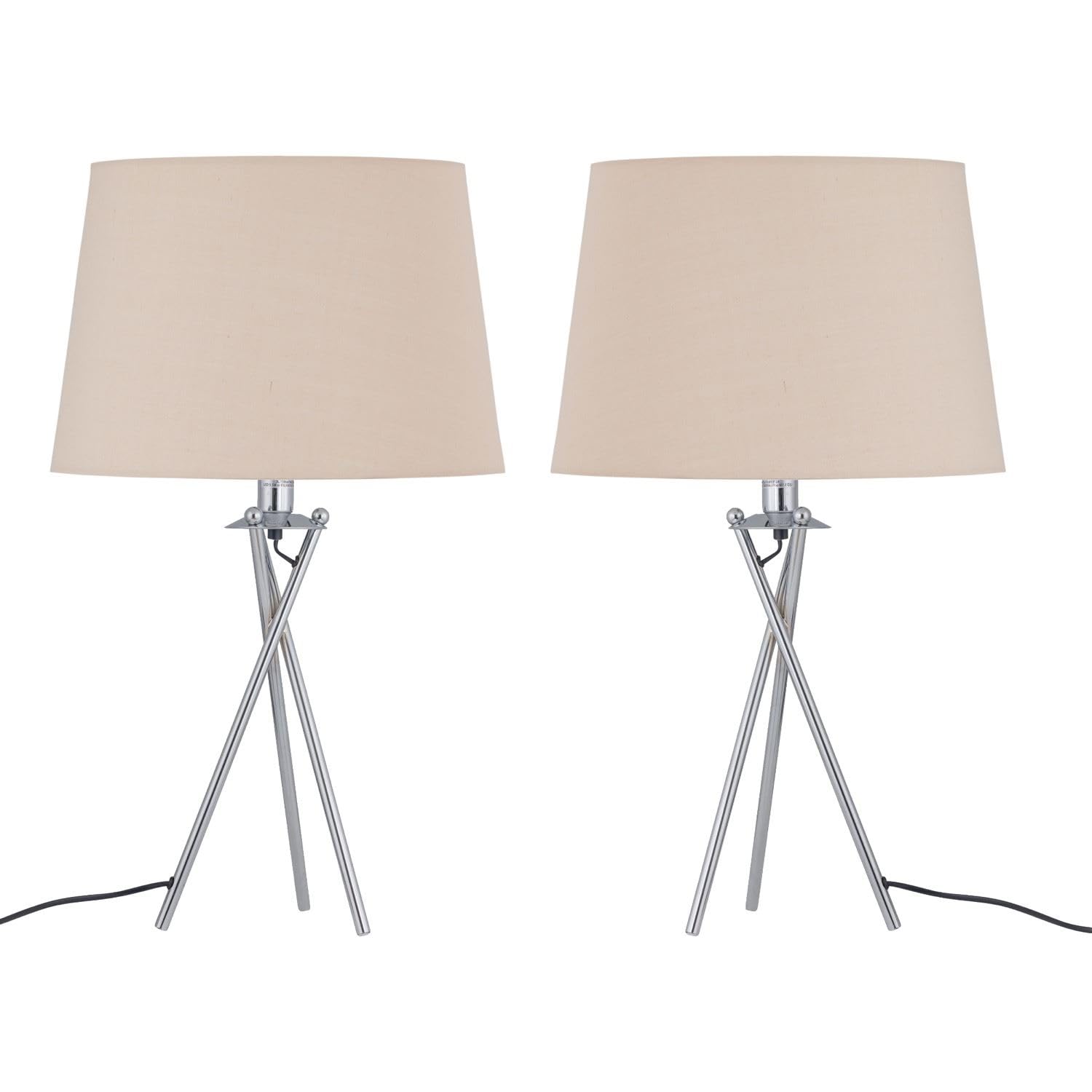Firstchoicelighting Chrome & Natural Set Of 2 Tripod 52Cm Table Lamps Or Bedside Lights With Natural Fabric Shade For Bedroom Living Room