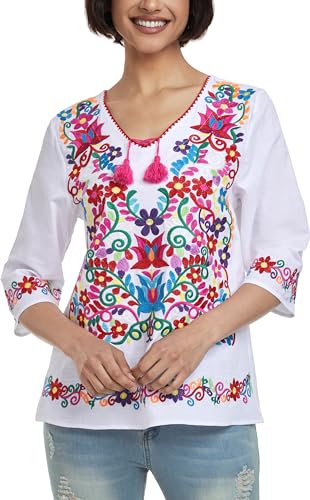 YZXDORWJ Women's Summer Embroidered Mexican Shirts Short Sleeve Casual Tops Blouse4