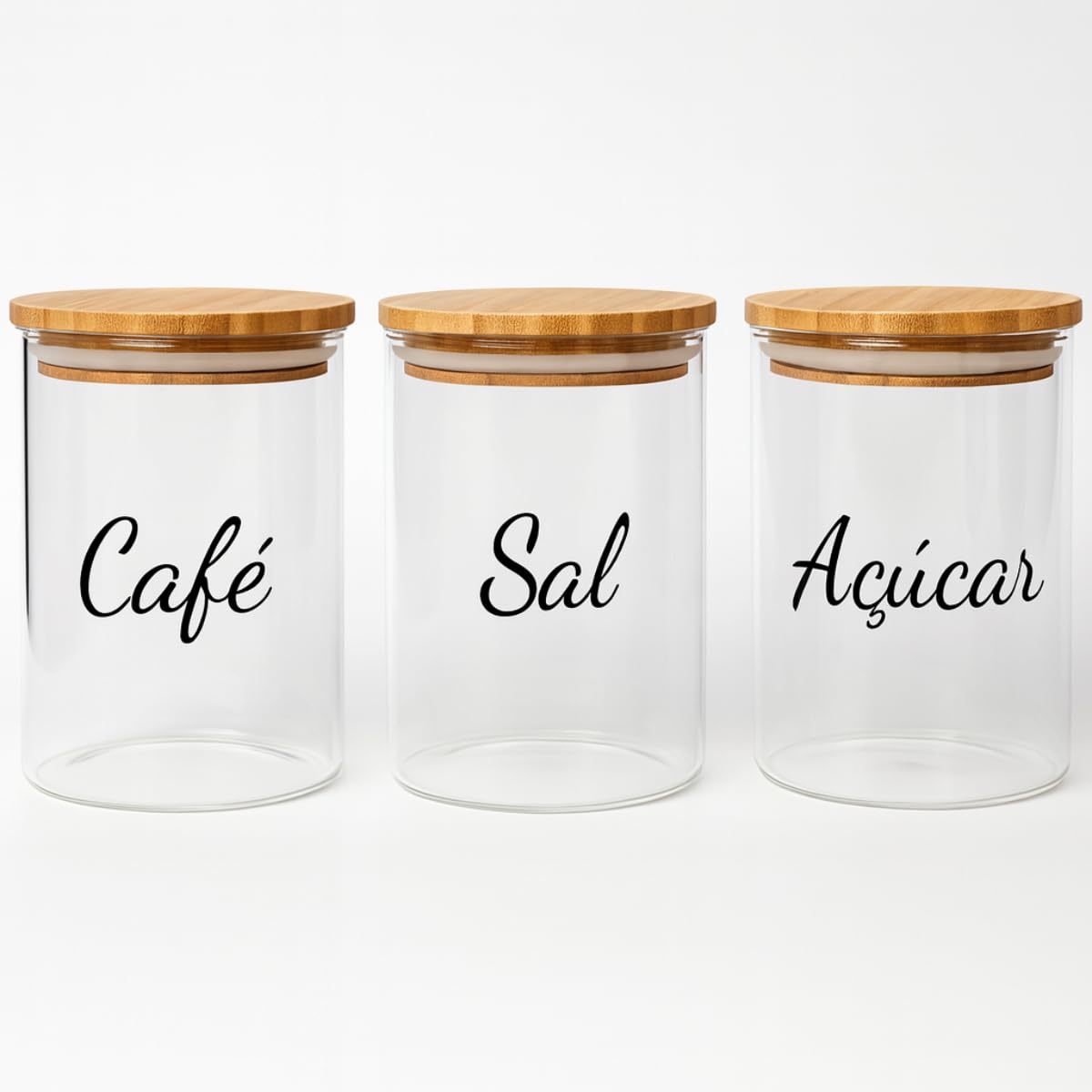 Conjunto 3 Potes Herméticos De Vidro Com Tampa De Bambu Para Café Sal e Açúcar