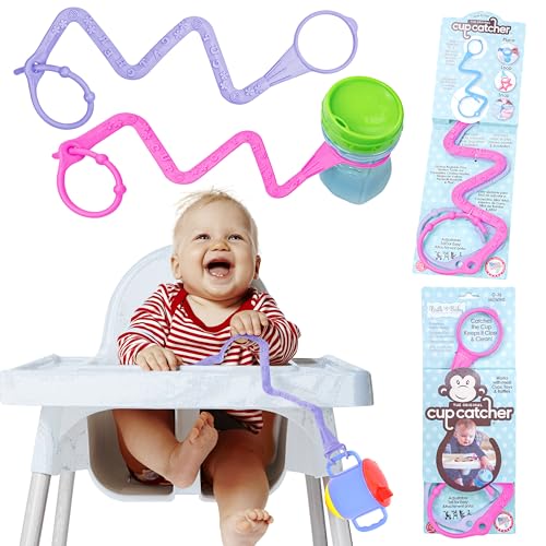Image of Brilli Baby Cup Catcher Patented Safety Tether Strap, Attach Sippy Cups, Bottles, Pacifiers & More to Stroller, High Chair, Car Seat, Made in USA, Food Grade, Dishwasher Safe (Lavender & Pink)