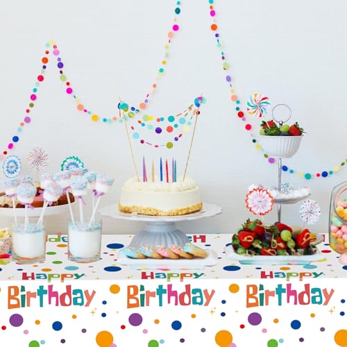 Image of 2 Pack Happy Birthday Tablecloth Party Decorations, 54X108inch Disposable Rectangle Colorful Polka Dots Table Cloths Waterproof Plastic Table Cover for Girls Boys Kids Birthday Supplies
