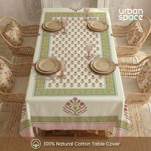 Image of Urban Space 100% Cotton Dining Table Cover 6 Seater, Jaipuri Handblock Cotton Table Cloth for Center Table, Dining Room Table Cover (Size 48 inch x 92 inch - 6 Seater, Mira)