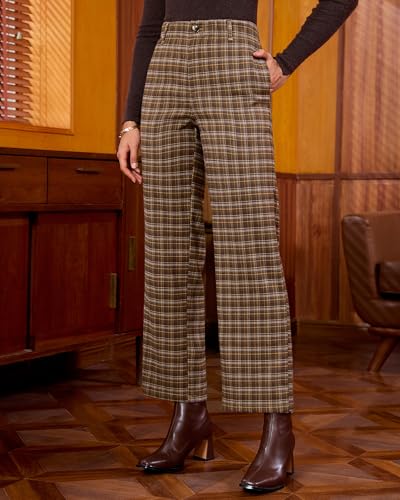 GRAPENT Plaid Pants for Women Wide Leg High Waisted Tartan Work Business Casual Elastic Waist Trousers Pants with Pocket2