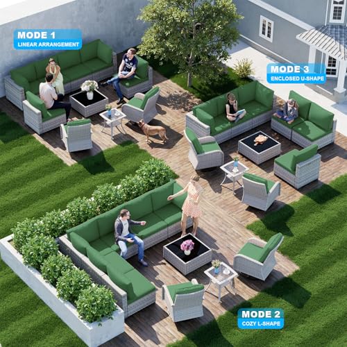 Image of Outdoor PE Wicker Rattan Modular Patio Sectional Sofa Set | 10-Piece: 6 Modular Seats, Coffee Table, 2 Swivel Rocking Chairs & Side Table, Dark Green