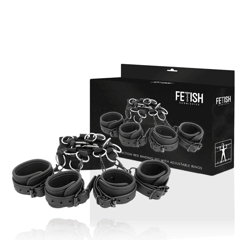 Bettfessel-Set – Luxus Bondage Set mit Hand- & Fußfesseln aus veganem Leder & Neopren – Verstellbares BDSM Bettband für Anfänger & Fortgeschrittene – Matratzen-Komplettsystem