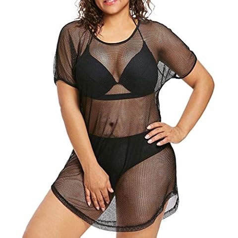 Womens Plus Size Bikini Cover Up O-Neck Short Sleeve See Through Black Mesh Beach Dress Summer Swimwear Bathing Suit (Black, XXL) Cover