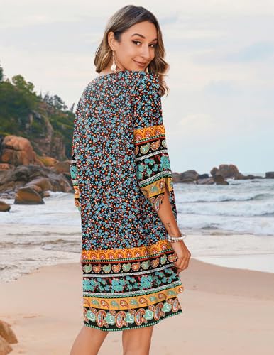 Image of Zeagoo Womens Boho Dresses Casual Beach Summer Dress Tassel Tie Neck 3 /4 Long Sleeve Mini Sundress 2025 Floral Print Cover Up