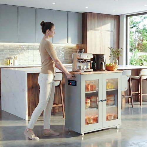 Image of Rocco Walky Kitchen Island Storage Cabinet with Wheels, Solid Rubber Wood Top, Fluted Acrylic Doors, Built-in Power Sockets & LED Lights, Soft-Close Hinges & Side Organizer (Grey, Medium Size)