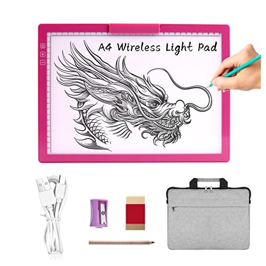 TOHETO A4 Mesa de Luz Para Calcar con Bolsa, Recargable Mesa de Luz Dibujo Tableta de Luz, LED Tableta de Luz Dibujo de Dibujo con Brillo Ajustable para Bocetos Dibujo Diamante Pintura (Rosa Rojo)